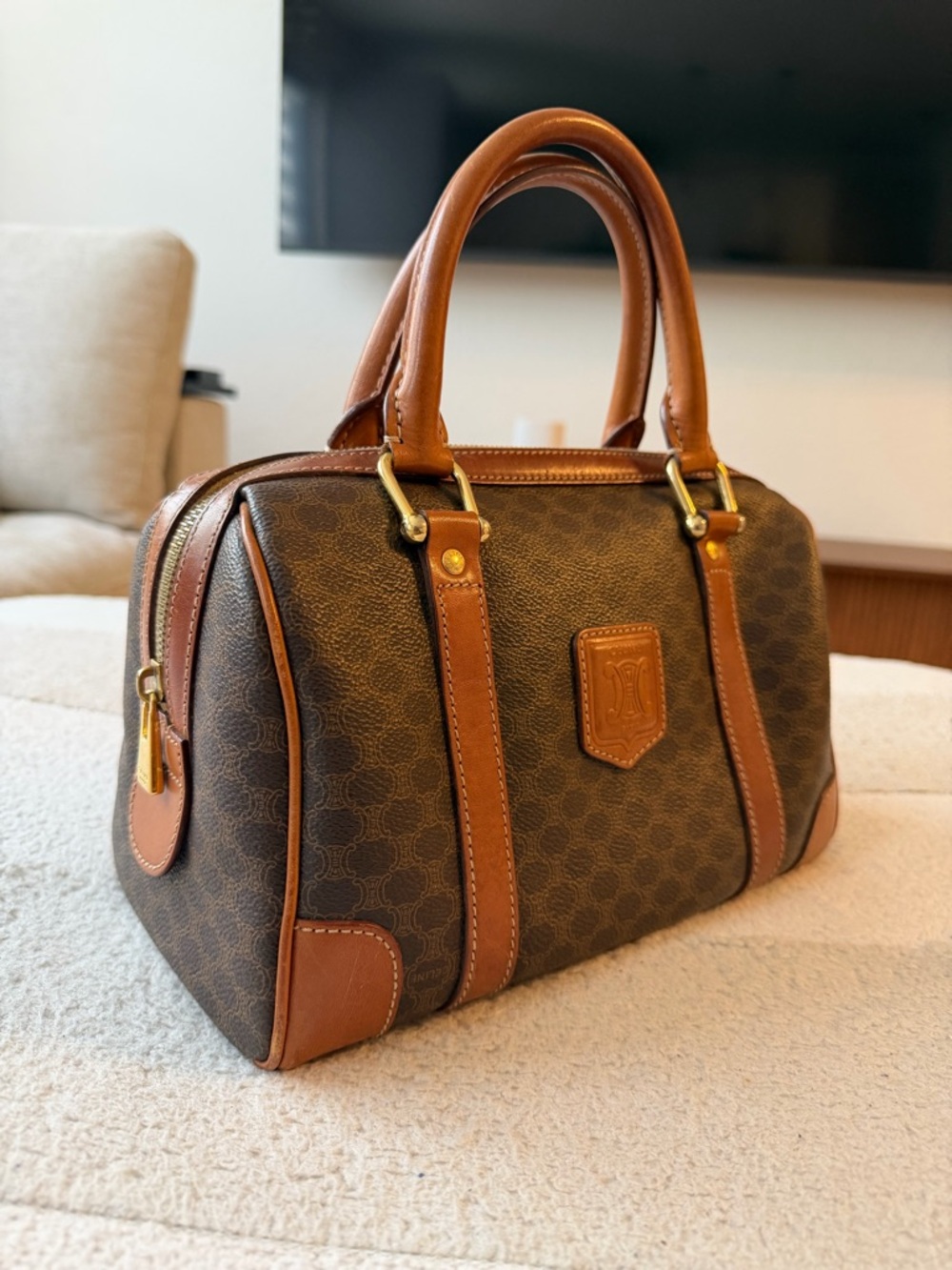 Celine Boston Brown Monogram Tote with Tan Leather Patch